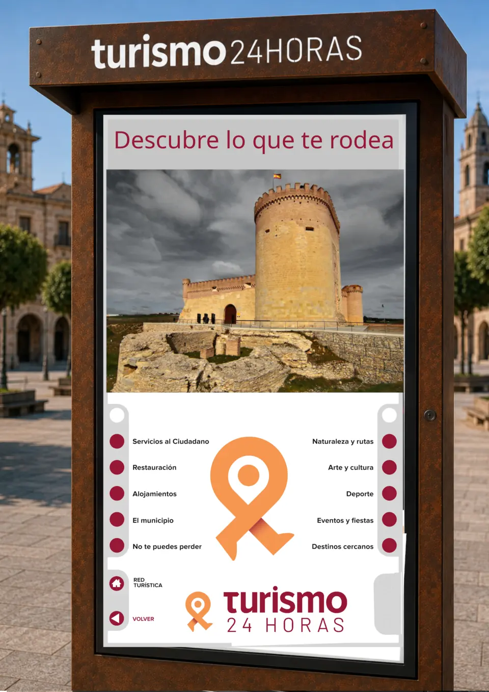 Ejemplo de pantalla vertical Turismo24horas en acero corten con rutas, cultura, alojamientos y servicios del municipio
